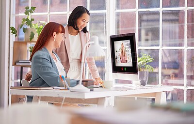 Buy stock photo Video call, online meeting and planning with business people and computer for consulting, conference and global. Technology, internet and digital with employee and webinar for virtual communication