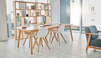 Buy stock photo Business, empty meeting room and office, creative space for idea planning with bright interior furniture. Boardroom, design startup and city workplace for teamwork in sunny urban building with nobody