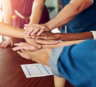 Buy stock photo Team building, hands together and business people in circle for collaboration, trust or support. Group, solidarity or huddle for success of community, celebrate or goal achievement closeup in startup