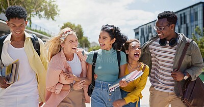 Buy stock photo Walking, laughing and students at university with fun for learning, bonding and talking. People, diversity and group of gen z friends outdoor with books ready for education at college campus.