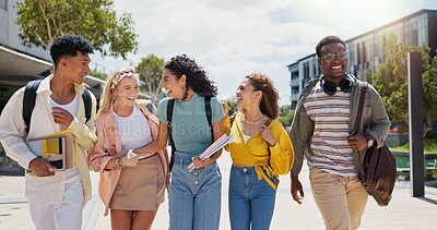 Buy stock photo Happy, university and conversation with friends and class diversity on college campus with smile. School, education and students with joke and backpack outdoor at learning academy with people