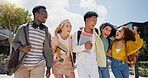 Happy, university and funny joke with friends and class diversity on college campus with smile. School, education and students with comedy and backpack outdoor at learning academy with people