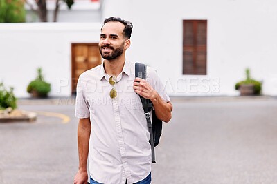 Buy stock photo Walking, adventure and man on vacation in city for sightseeing with backpack and camera for journey. Exploring, travel and person commuting in street by weekend trip accommodation in town in England.