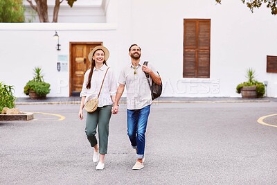 Buy stock photo Travel, walking and couple holding hands in street for sightseeing, summer vacation or adventure in city. Love, holiday and tourist man with woman with happiness for date, trip or explore in Greece