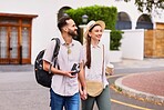 Smile, couple and tourist with camera outdoor for adventure, sightseeing and walking with holding hands. Man, woman and equipment for photography on tour, cultural experience and travel documentation