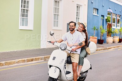 Buy stock photo Happy, couple and road with travel on scooter for transportation, holiday and outdoor journey. Woman, man and love with smile on moped for romantic anniversary, vacation and tourism together in Italy
