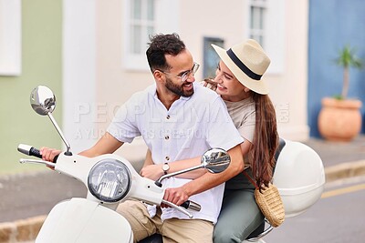 Buy stock photo Happy, couple and travel on scooter with love for outdoor adventure, vacation and anniversary. Man, woman and smile with moped in street for romantic holiday, journey and tourism together in Italy