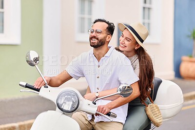 Buy stock photo Happy, couple and travel on scooter in street for outdoor adventure, holiday and transportation. Man, woman and date with smile on moped for romantic anniversary, vacation and tourism in Italy