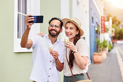 Buy stock photo Outdoor, couple and selfie with ice cream on adventure, vacation and tourists with photography in Italy. People, man and woman with love, document experience and dessert on honeymoon trip by road