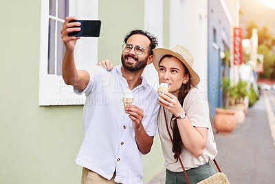 Buy stock photo Outdoor, couple and selfie with ice cream on holiday, vacation and tourists with photography in Italy. People, man and woman with love, document experience and dessert on honeymoon trip by road