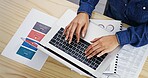 Laptop, documents and hands of businesswoman in office for typing creative project for art director. Technology, top view and female interior designer with paperwork and computer for color palette.