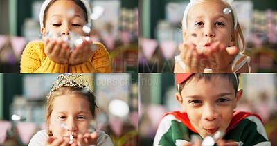Buy stock photo Youth, children and blowing confetti on collage for celebration, event or party together. Happy kids, group or community with glitter in montage for childhood development, growth or new generation