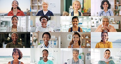 Buy stock photo Collage, diversity or portrait of women at location for business, education or vacation. Different, inclusion or pride with smile of girls and people at beach, school or workplace for variety montage