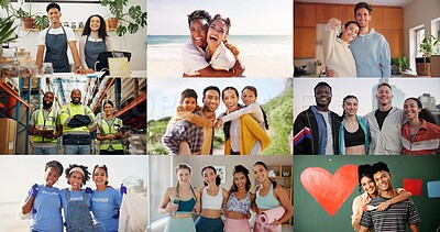 Buy stock photo Unity, happy and portrait of people with collage for collaboration, bonding and solidarity. Smile, connection and community with hugging for diversity, support or freedom together with montage.