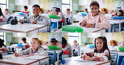 Buy stock photo Collage, education and portrait of students at school for child development, learning or study. Diversity, knowledge and smile of different kids at desk in classroom for course, lesson or writing