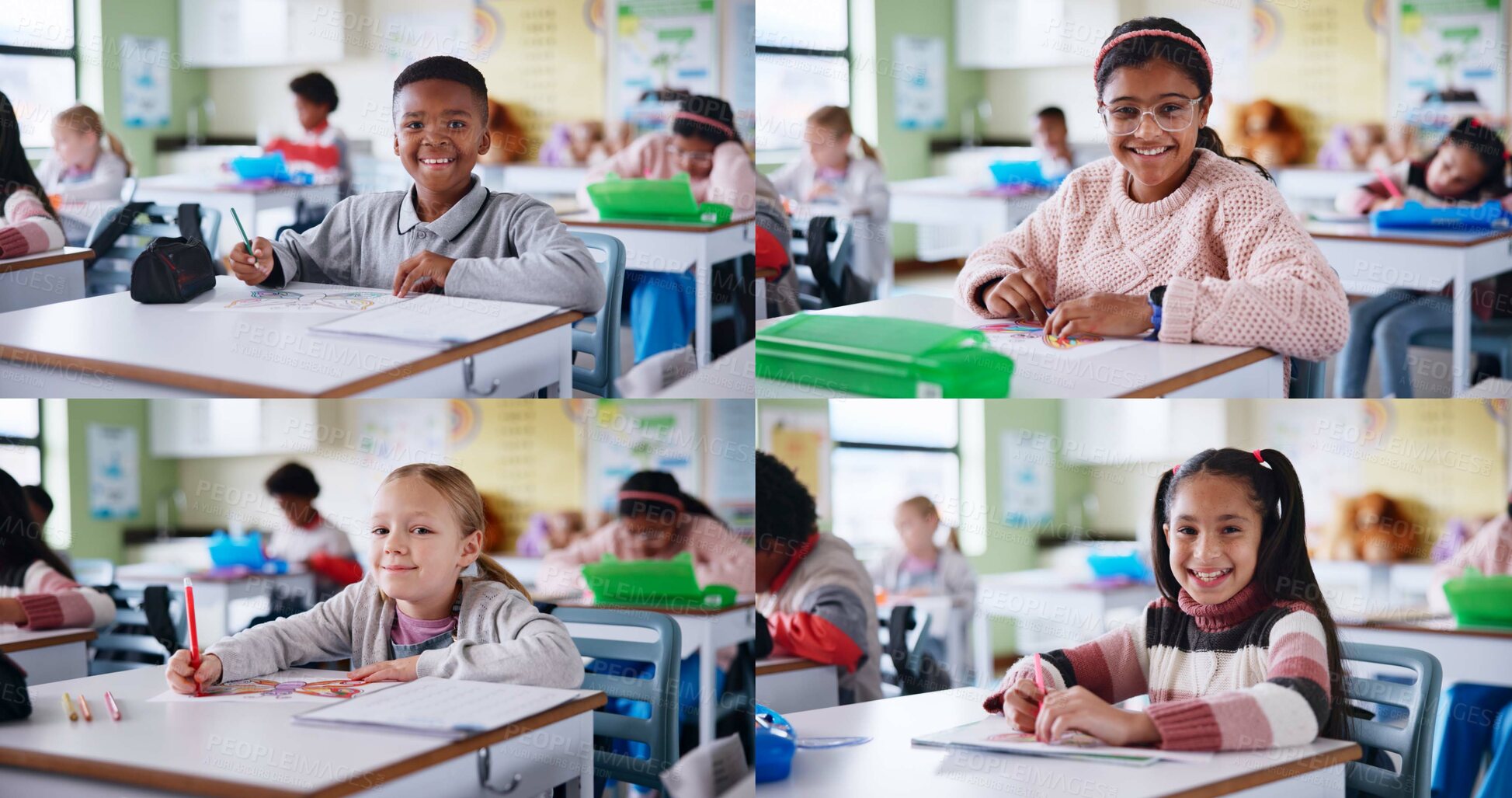 Buy stock photo Collage, education and portrait of students at school for child development, learning or study. Diversity, knowledge and smile of different kids at desk in classroom for course, lesson or writing