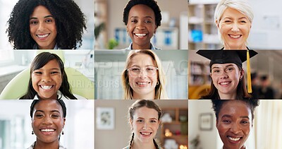 Buy stock photo Collage, different and portrait of women at location for appointment, business or education. Diversity, inclusion or montage with smile of girls and people at dentist, school or workplace for variety