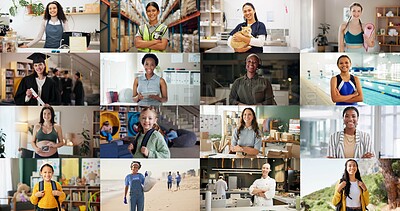 Buy stock photo Collage, portrait and women with different careers, generation and kids with diversity. Montage, smile and confident female people with arms crossed for pride as worker, graduate and professional