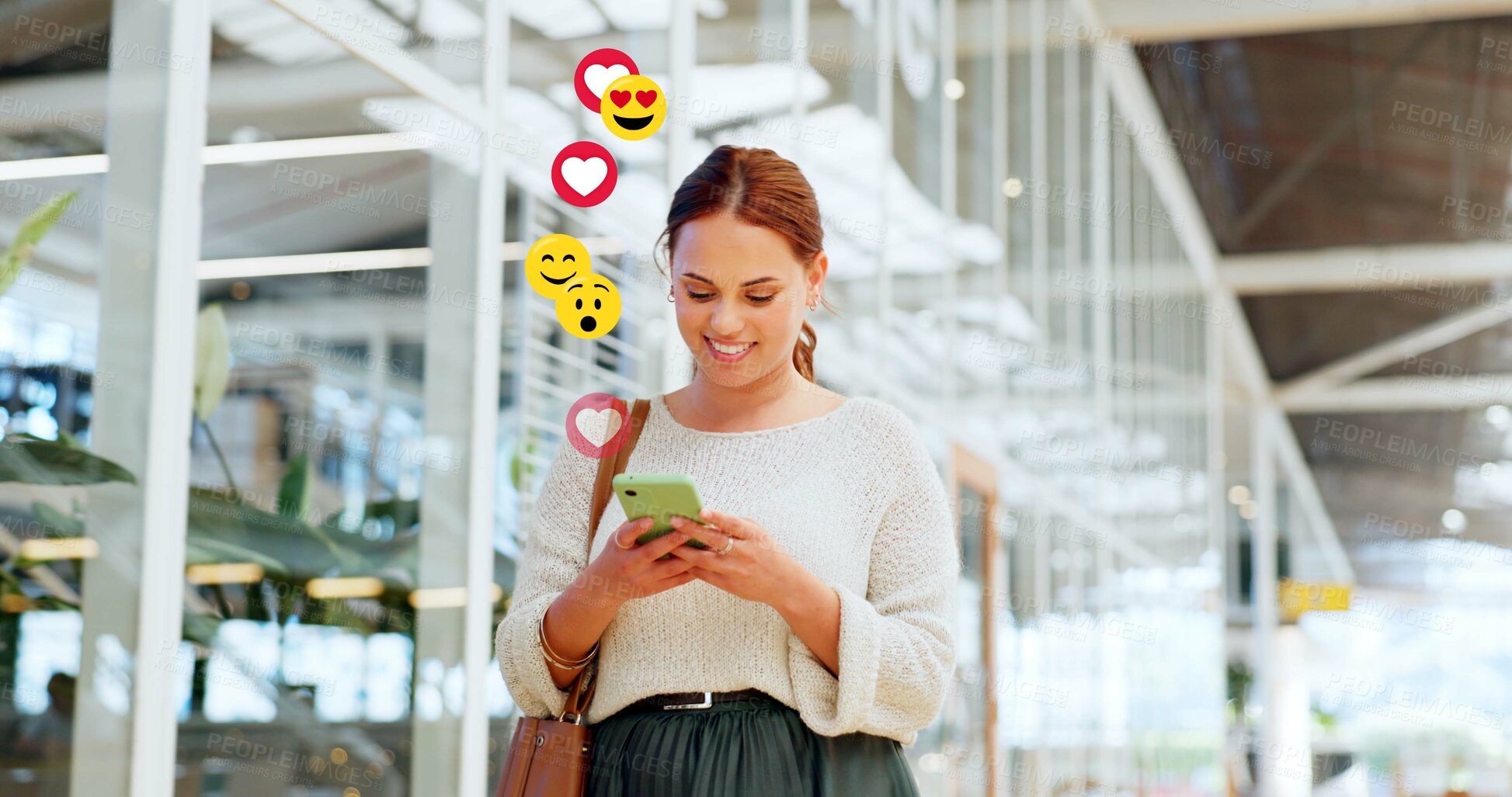 Buy stock photo Happy woman, social media and icons with phone for online reaction, feedback or emoticons at office. Female person, employee or smile with mobile smartphone for connection, communication or network