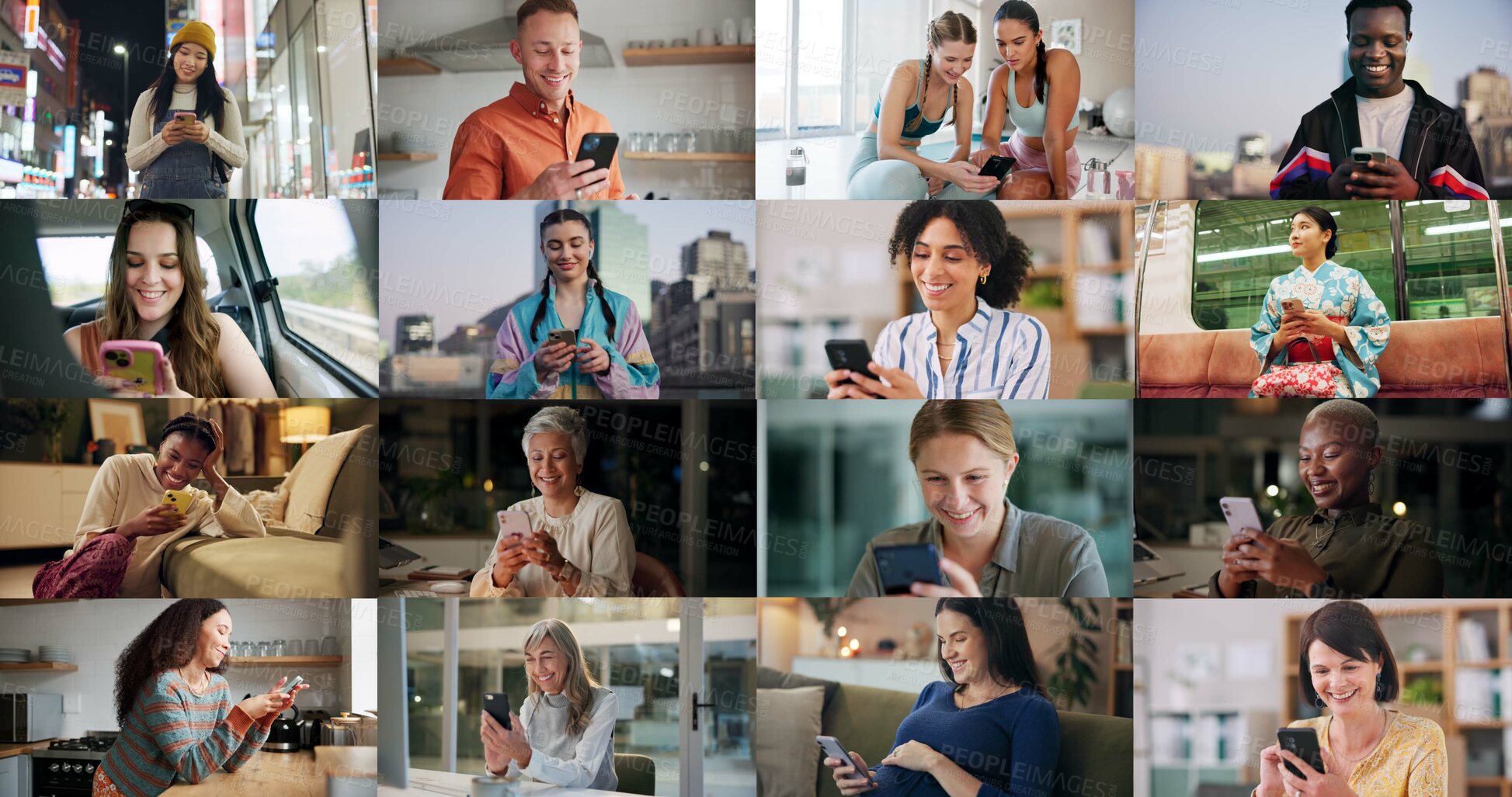 Buy stock photo Collage, communication and people with smartphone, online or message on social media, typing or app. Texting, group and connectivity with mobile on website, montage and chatting with contact and tech