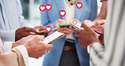 Buy stock photo Hands, people and phone with emoji in office for social media, like post and followers reaction. Staff, mobile and overlay icons for online interaction, review comments and notification of heart sign