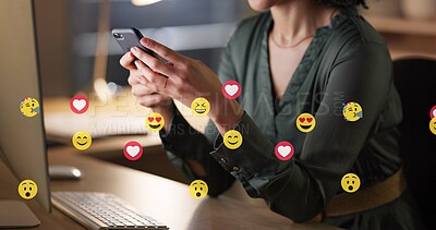 Buy stock photo Hands, woman and phone with emojis in office for social media, like post and followers reaction. Person, mobile and overlay icons of online interaction, review comments and chat notification at night