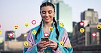 Emojis, fitness and woman with phone in city for reaction on social media, networking or contact. Happy, sports and female athlete with icons for online interaction with cellphone on bridge in town.