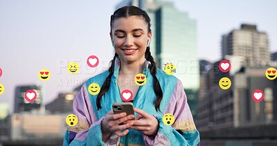 Buy stock photo Emojis, fitness and woman with phone in city for reaction on social media, networking or contact. Happy, sports and female athlete with icons for online interaction with cellphone on bridge in town.