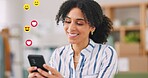 Home office, social media icons and woman with smartphone, smile and online chatting. Business owner, happy person and entrepreneur with cellphone, feedback and message to contact and communication