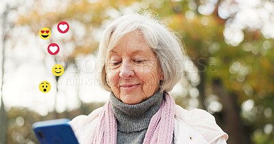 Buy stock photo Senior, happy woman or social media icons with phone in nature for online reaction or feedback. Elderly, female person or user with smile on mobile smartphone for connection, communication or network