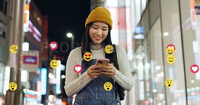 Buy stock photo City, emoji and walking with influencer at night for interaction with social media followers. App, phone and reaction overlay with woman outdoor for late sightseeing or travel as content creator