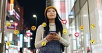 City, emoji and walking with woman at night for online interaction with social media followers. App, phone and reaction with travel influencer outdoor for evening sightseeing as content creator