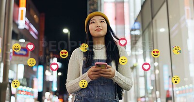 Buy stock photo City, emoji and phone with asian woman at night for online interaction with social media followers. App, reaction and walking with travel influencer outdoor for evening sightseeing as content creator