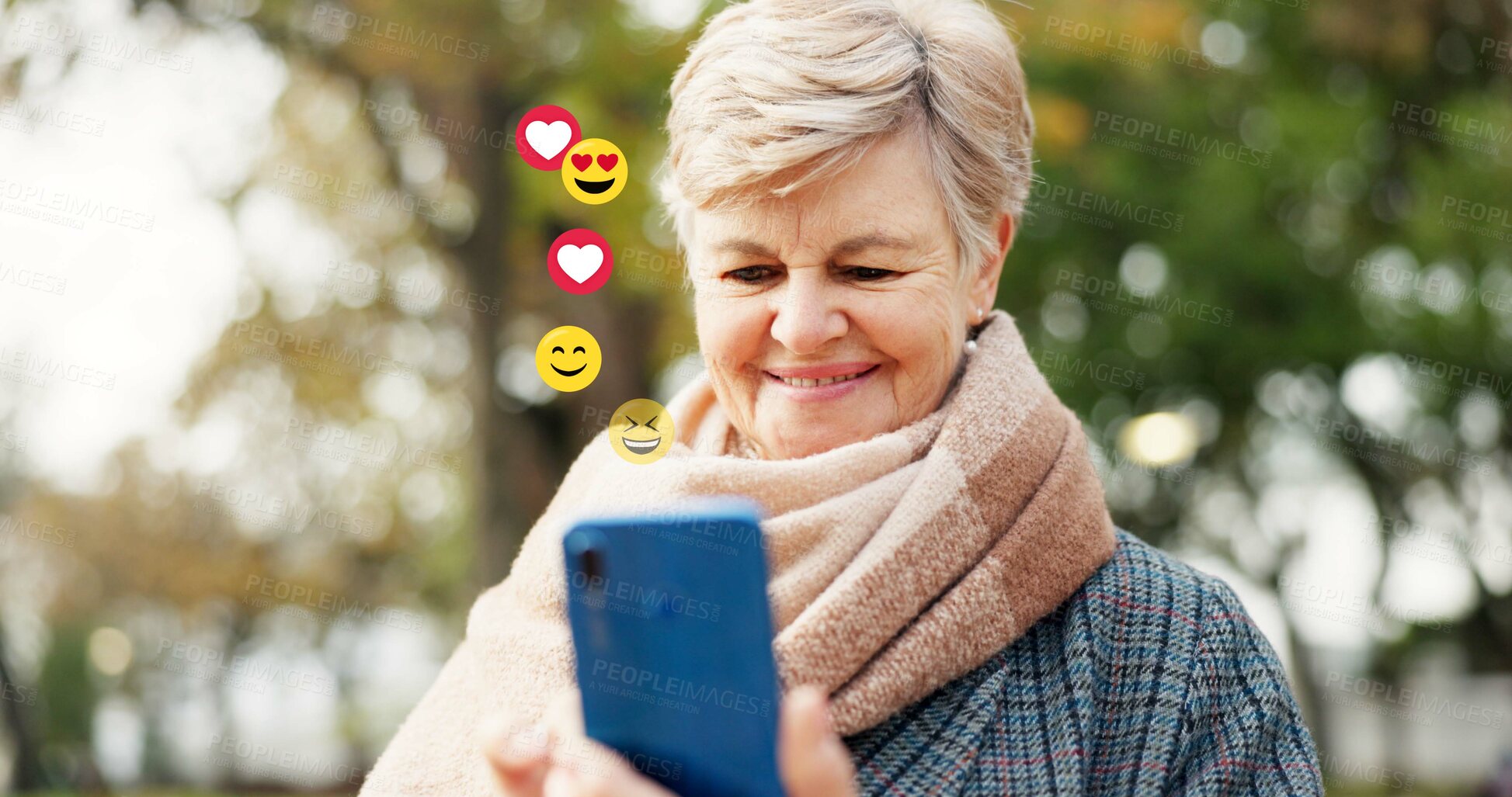 Buy stock photo Elderly, happy woman or social media icons with phone in nature for online reaction or feedback. Senior, female person or user with smile on mobile smartphone for connection, communication or network