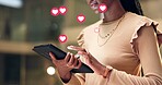 Hands, person and tablet with emoji in office for social media, like post and reactions at night. Woman, digital and overlay icons of app interaction, comments and share notification for working late