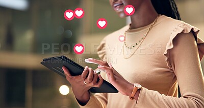 Buy stock photo Hands, person and tablet with emoji in office for social media, like post and reactions at night. Woman, digital and overlay icons of app interaction, comments and share notification for working late