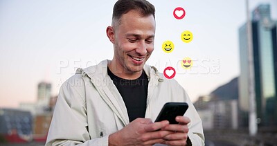 Buy stock photo Happy man, social media and icons with phone for online reaction, feedback or emoticons in city. Male person, user or smile with mobile smartphone for connection, communication or network in town