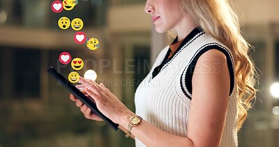 Buy stock photo Social media icon, night and woman in office, tablet and notification with message to contact. Overlay, late and creative person in workplace, tech and emoji for reaction, chatting and comment