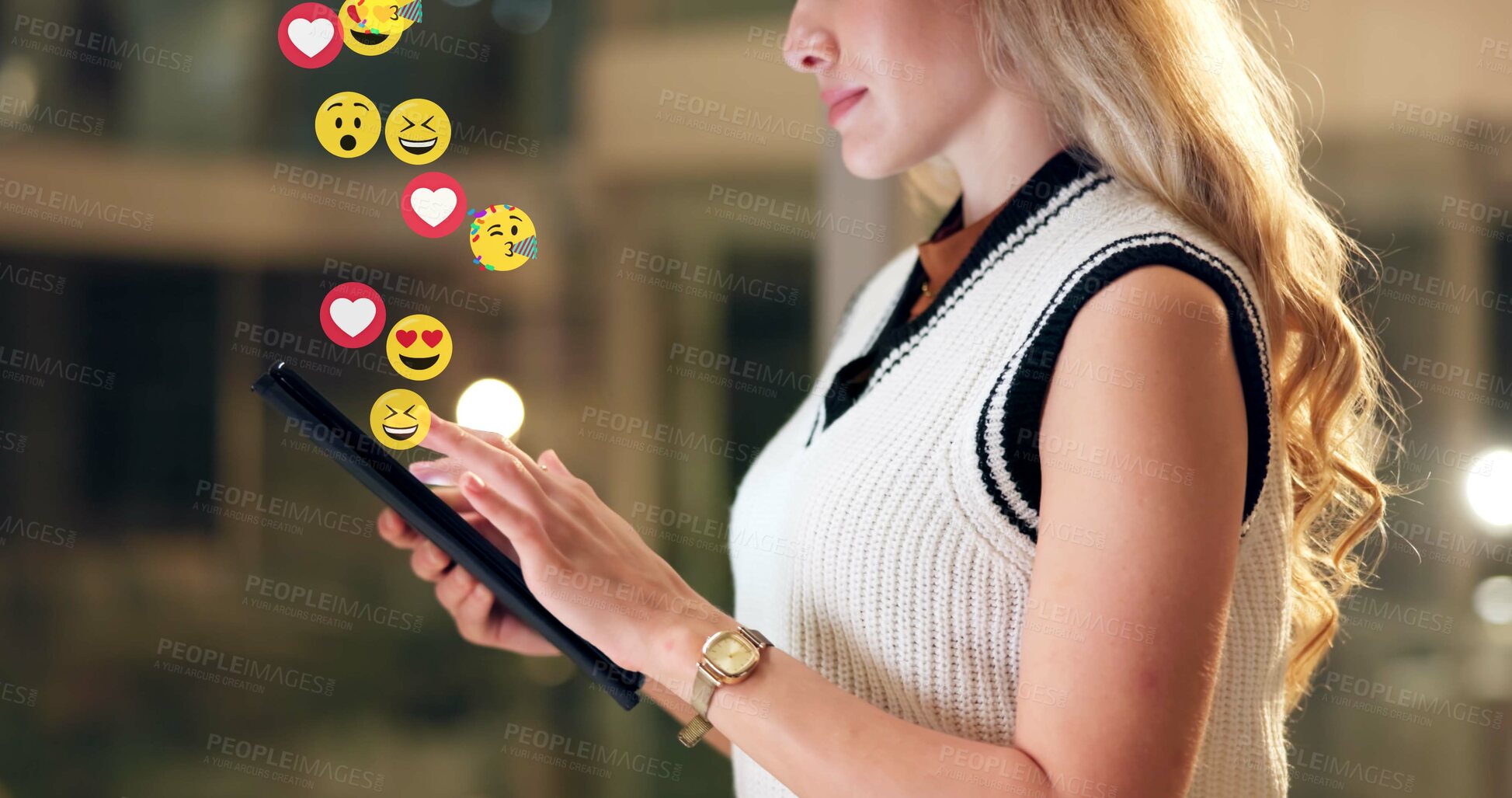 Buy stock photo Social media icon, night and woman in office, tablet and notification with message to contact. Overlay, late and creative person in workplace, tech and emoji for reaction, chatting and comment