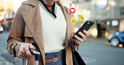 Buy stock photo Woman, hands and icons with phone in city for travel, social media or communication on sidewalk. Female person, user or traveler with luggage on mobile smartphone for trip or network in an urban town