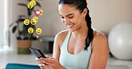 Social media icons, smartphone and woman with fitness, home and message to contact. Person, influencer and content creator with cellphone, emoji and reaction with comment, exercise or online chatting