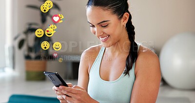 Buy stock photo Social media icons, smartphone and woman with fitness, home and message to contact. Person, influencer and content creator with cellphone, emoji and reaction with comment, exercise or online chatting