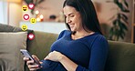 Emoji, phone and smile with pregnant woman on sofa in living room of home for social media reaction. App, pregnancy or relax and happy influencer in apartment for interaction with online followers