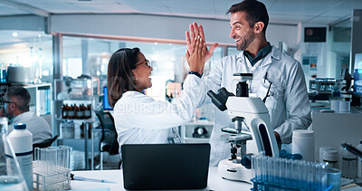 Buy stock photo High five, science and teamwork with people in laboratory together for breakthrough or development. Laptop, microscope and success with research team in clinical trial for achievement or celebration