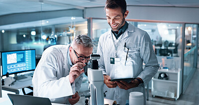 Buy stock photo Collaboration, microscope and science with people in laboratory together for breakthrough or development. Computer, DNA and tablet with happy research team in clinical trial for medical discovery