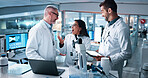 Collaboration, excited and science with people in laboratory together for breakthrough or development. Laptop, microscope and tablet with research team in clinical trial for celebration or success