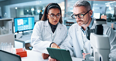 Buy stock photo Medical, science and tablet with people in laboratory together for breakthrough or development. Collaboration, laptop and microscope with research team at work for experiment on investigation