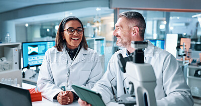 Buy stock photo Science, smile and tablet with people in laboratory together for breakthrough or development. Collaboration, laptop and microscope with happy research team in medical trial for investigation