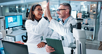 Buy stock photo High five, science and tablet with people in laboratory together for breakthrough or development. Laptop, microscope and success with research team in clinical trial for celebration, goals or target
