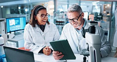 Buy stock photo Funny, science and tablet with people in laboratory together for breakthrough or development. Comedy, laptop and microscope with happy research team joking or laughing at results of clinical trial